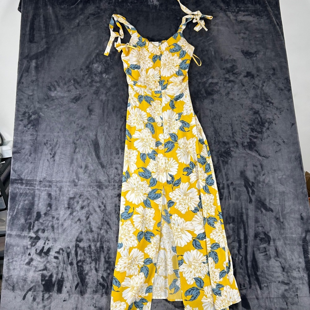 Monteau Maxi Dress Womens Small Yellow Floral Button Front Tie Shoulder 3702